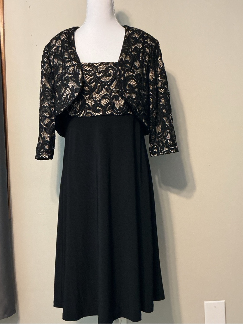R&M Richards Black Lace Bodice Midi Dress with Cropped Jacket